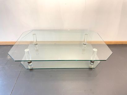 null Coffee table with double rectangular tray with cut sides, circa 1980, glass...