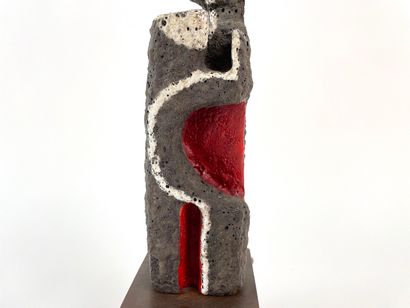 ANONYME "Composition", circa 1960, glazed ceramic sculpture (fat lava) on wooden...
