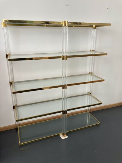 null Vintage shelf with geminated columns, circa 1980, plexiglas, gilded metal and...