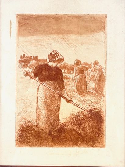 PISSARRO Camille (1830-1903) "Faneuses (1890)", XXe, eau-forte sanguine, 20x13,5...