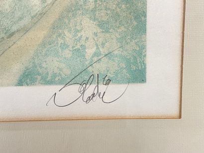ÉCOLE CONTEMPORAINE "Young Woman with Doves", XXth, polychrome lithograph, signature...