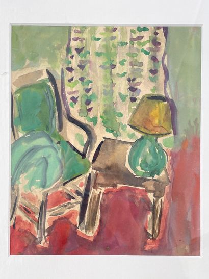ANONYME "Interior", 20th, gouache on paper under glass, 23.5x19.5 cm (on view) [edges...