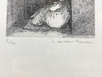 JORDAN-ROMAN Véronique "Figurative compositions", XXth, three etchings, signed lower...