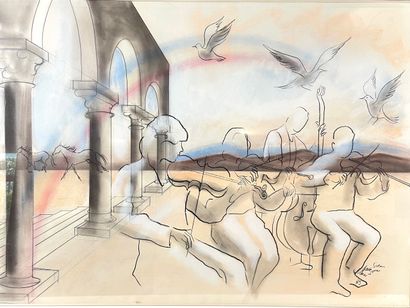 VAN SOENS Éric (1939-) "Perspective musicale", [19]89, fusain rehaussé sur papier,...