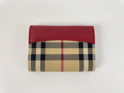 BURBERRY - ITALIE Purse in red grained leather and beige tartan canvas, with cover,...