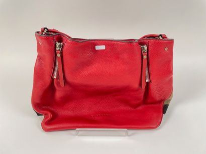 BURBERRY - ITALIE Shoulder bag in red grained leather and polychrome canvas, with...
