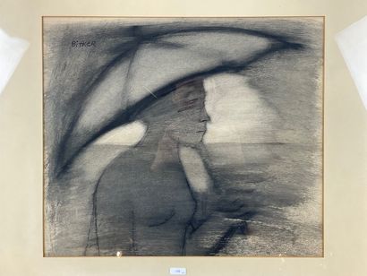 BITKER Colette (1929-) "Femme à l'ombrelle", XXe, technique mixte sur papier, signée...