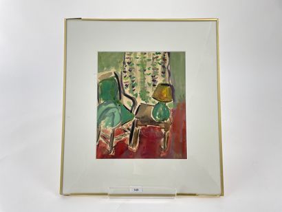 ANONYME "Interior", 20th, gouache on paper under glass, 23.5x19.5 cm (on view) [edges...