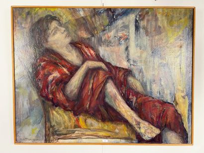DELEPINE Chr. "Femme au repos", huile sur toile, signée en bas à gauche, 65,5x85,5...