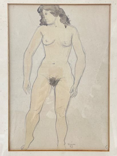 VRIENS Antoine (1902-1987) "Standing Nude," [19]54, pencil and watercolor on paper,...