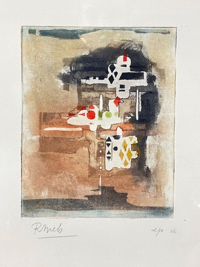 MELS René (1909-1977) "Abstract Compositions", XXth, two polychrome etchings (one...