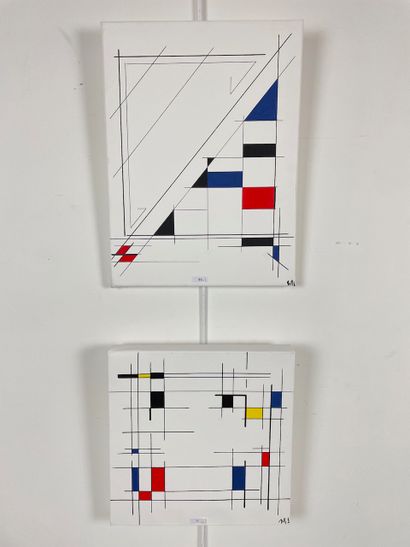 BILL "Square" and "Stripes", 2022, two mixed media on canvas, signed and dated lower...