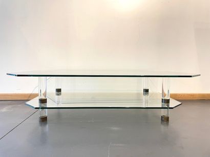 null Table basse à double plateau rectangulaire à pans coupés, circa 1980, verre...