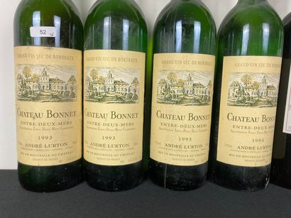 BORDEAUX Lot of six bottles:
- (ENTRE-DEUX-MERS), Château Bonnet 1993 (white), four...