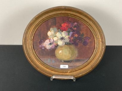 BIRON Clémence (1889-?) "Bouquet d'anémones", 20th, oil on oval panel, signed lower...