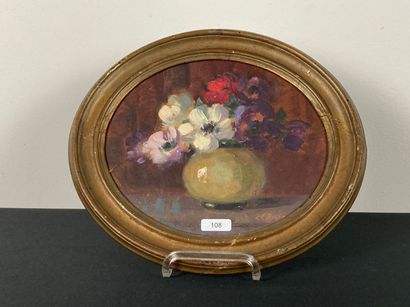 BIRON Clémence (1889-?) "Bouquet d'anémones", 20th, oil on oval panel, signed lower...