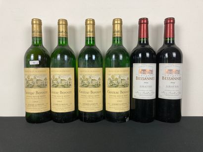 BORDEAUX Lot of six bottles:
- (ENTRE-DEUX-MERS), Château Bonnet 1993 (white), four...