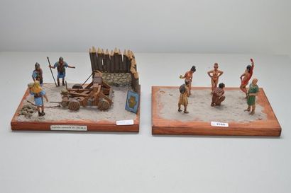 null (2) diorama à figurines de plomb : un groupe de romains avec catapulte - un...