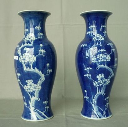 CHINE Paire de vases en porcelaine dure, époque Kiang SIU, décor à fond bleu et branches...