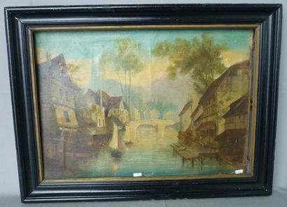 null Signature illisible, XIXè, "Vue de Canal", huile sur toile, signé et daté en...