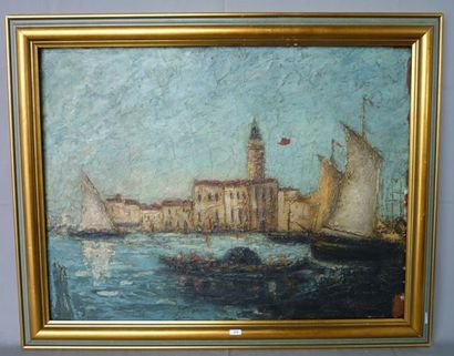 null Signature illisible, XIXè, "Marine vue de Venise", huile sur panneau, signé...