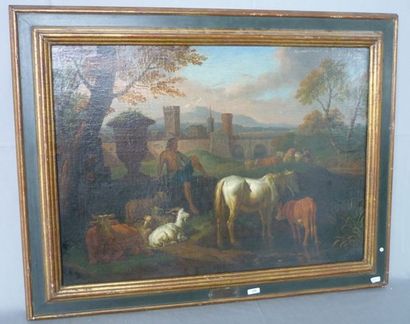 VAN BLOEMEN Pieter (1657-1720) "Halte des Cavaliers et leur troupeau à l'entrée du...