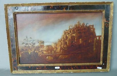 Anonyme, XXè "Tour de Babel", huile sur panneau, dim.: 28x46 cm.