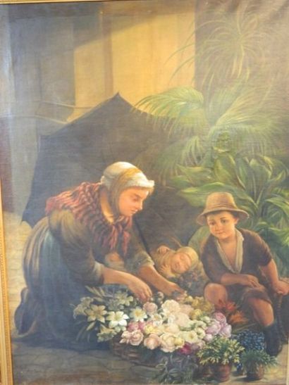 MARIO ZANETTI "Marchande de fleurs", huile sur toile (toile restaurée), encadrement...