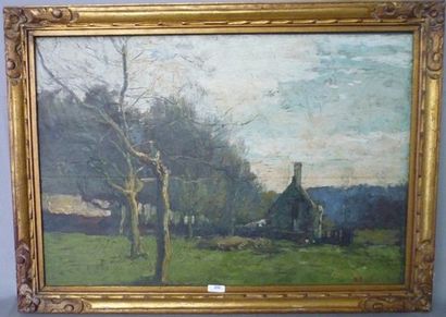 BASTIEN Alfred, Ec. Belge (Ixelles,1873 - Uccle,1955) "Paysage avec Fermette", huile...