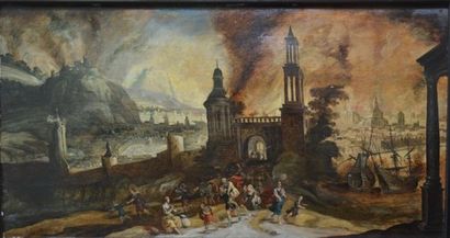 DE KEUNINCK Kerstiaen "L'incendie de la ville de Troye", huile sur panneau, signé...