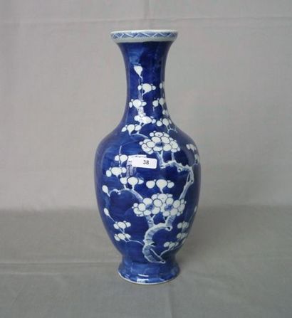 CHINE Vase en porcelaine dure, époque Kiang-Siu, décor à fond bleu et branches fleuries...