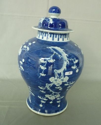 CHINE Grande potiche en porcelaine dure, époque Kiang-Siu, décor à fond bleu et branches...