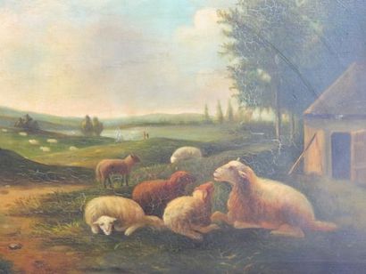 null Anonyme, XIXe, "Le Berger et ses Moutons", huile sur panneau, dim. : 46,5x58,5...