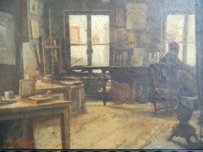 MULLER , 1895 "Atelier d'Artiste Peintre", huile sur toile, signé en rouge en bas...