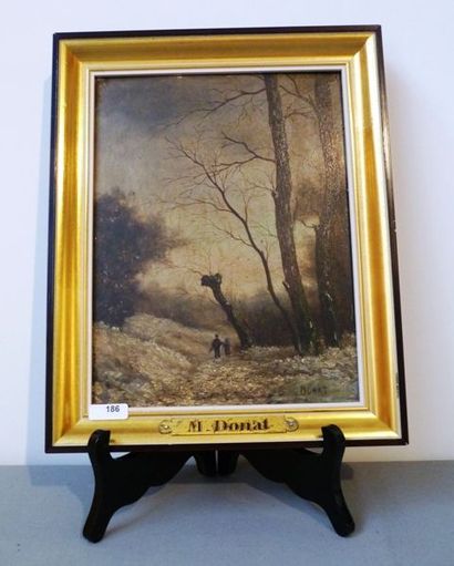 DONAT (XIXe) "Sous-bois animé de deux promeneurs", huile sur panneau, signée en bas...