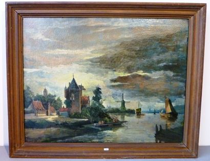 null Signature illisible (école hollandaise XIXe), "Paysage fluvial avec barque",...