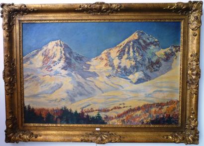 null "Vue de montagnes sous la neige", huile sur toile, signée en bas à droite, dim....