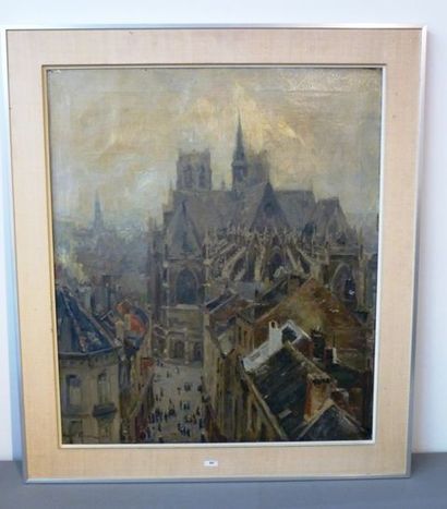 POREAU Oswald (école belge, Schaerbeek, 1877 - Waterloo, 1955) "Vue de ville animée",...
