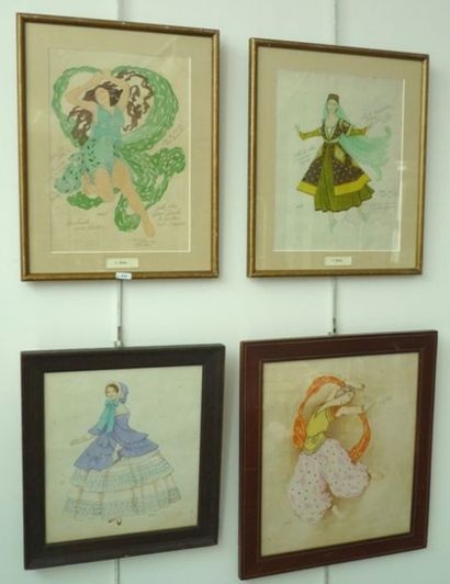 Ecole de BAKST "Femmes en costume russe", suite de quatre dessins sur papier.