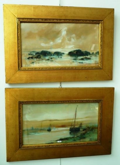 null Signatures illisibles, "Vues maritimes hollandaises", paire d'aquarelles, signées,...
