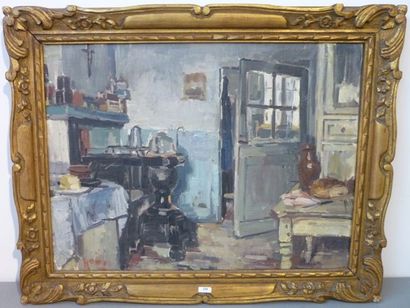 RAMBO Jules (école belge, 1896-1974) "Cuisine rustique", huile sur toile, signée...