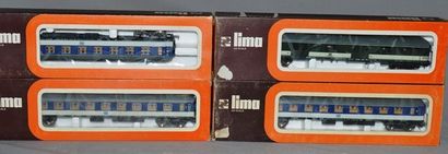 LIMA (4) voitures-voyageurs, 4 axes de la DB : 3 voitures 2e cl. bleu/crème et un...