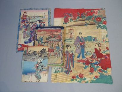 JAPON Lot d'estampes polychromes anciennes principalement sur papier crépon, sujets...