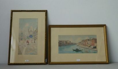 École italienne "Vues de Venise", début XXe, deux aquarelles sur papier, signées...