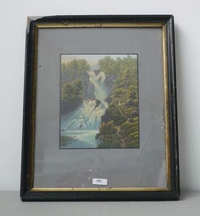 null ANONYME, "Cascade animée", XIXe, gouache sur papier, 17,5x14 cm.