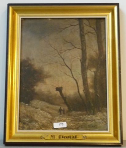 DONAT "Sous-bois animé de deux promeneurs", XIXe, huile sur panneau, signée en bas...