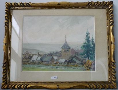 DOFFAGNE Mariette (Corbion,1892-1960) "Église au centre d'un village", aquarelle,...