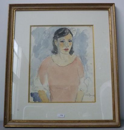 null Signature illisible, "Portrait de femme", dessin-aquarelle sur papier, signé...
