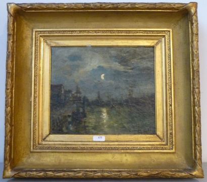 Ecole Belge "Port au crépuscule", fin XIXe, huile sur toile, dédicacée en bas à droite,...
