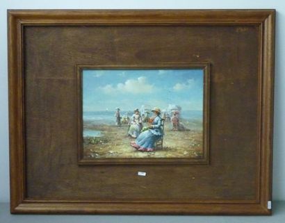 null ANONYME, "Élégantes à la plage", XXe, huile sur panneau, 30x40,5 cm.